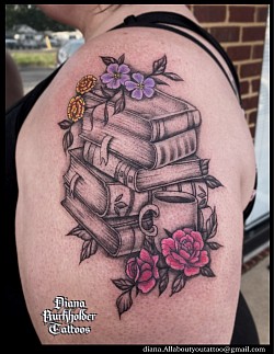 Books, flowers, tea cup tattoo