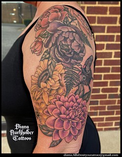 Flowers and butterflies color tattoo