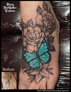 Flowers and butterfly foot tattoo
