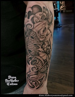 Japanese koi fish, black and grey tattoo